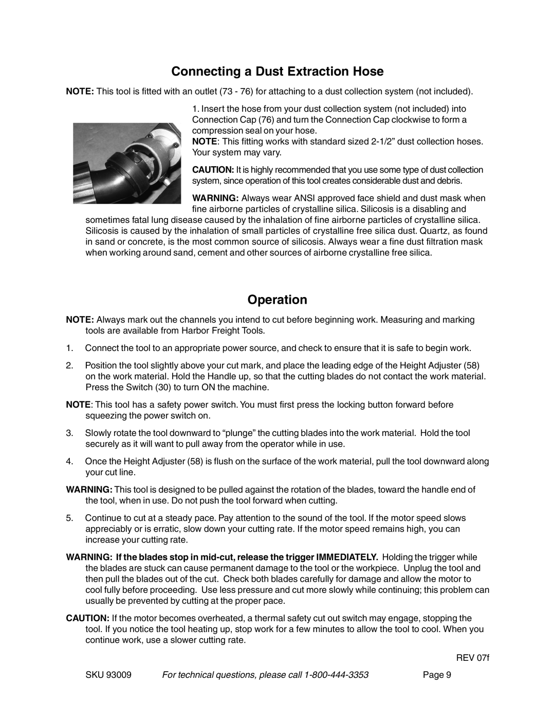 Chicago Electric 93009 operating instructions Connecting a Dust Extraction Hose, Operation 