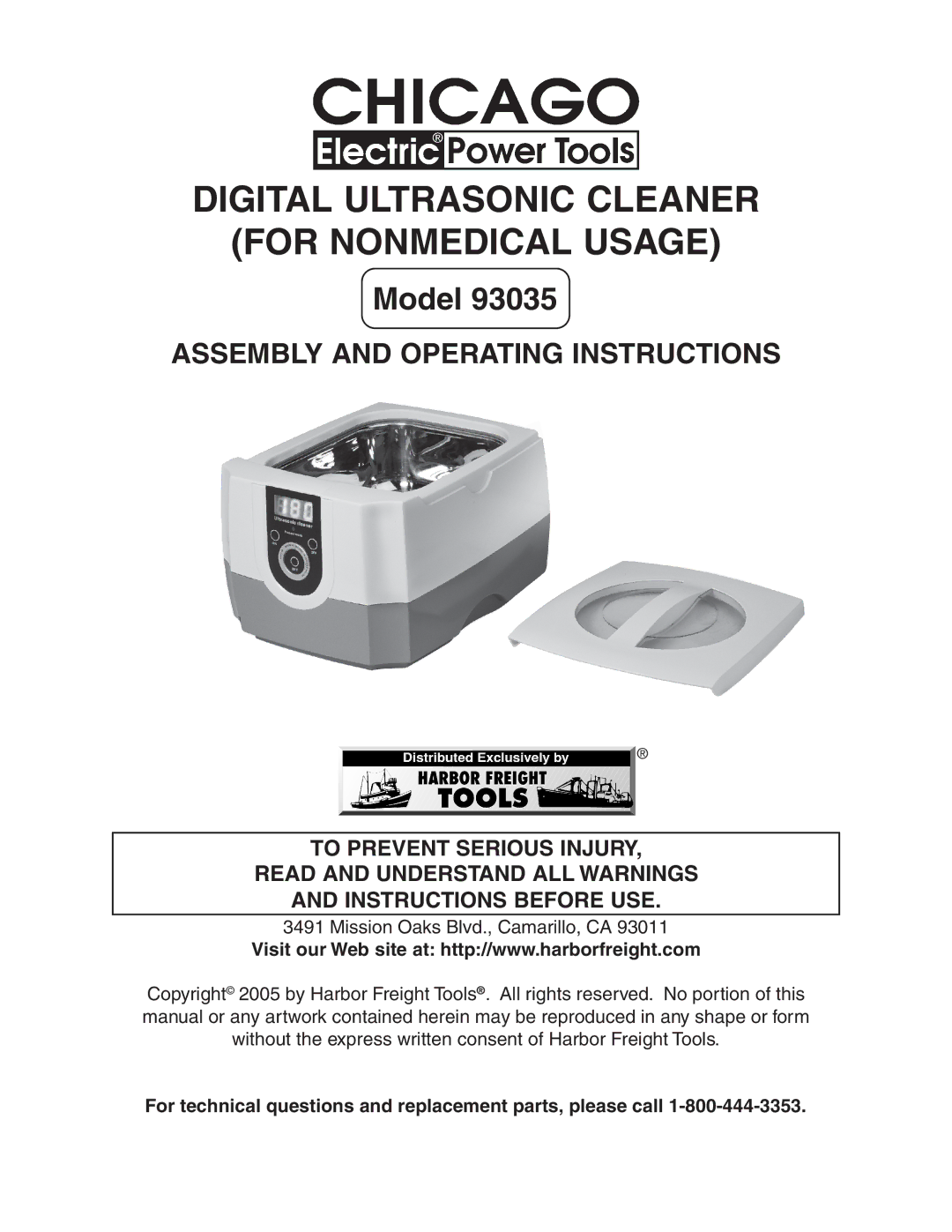 Chicago Electric 93035 manual Digital Ultrasonic Cleaner For Nonmedical Usage 