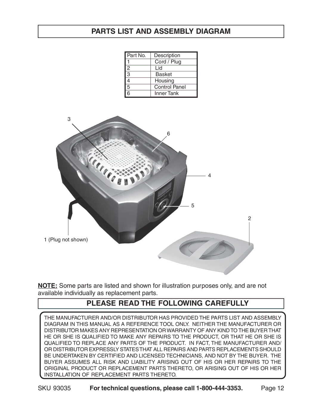 Chicago Electric 93035 manual Parts List and Assembly Diagram, Please Read the Following Carefully 