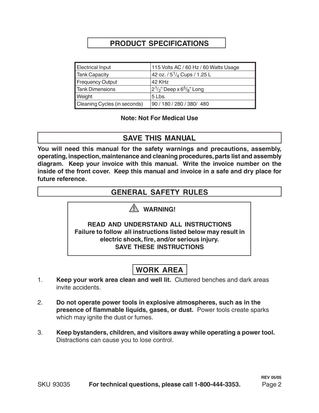 Chicago Electric 93035 manual Product Specifications, Save this Manual, General Safety Rules, Work Area 