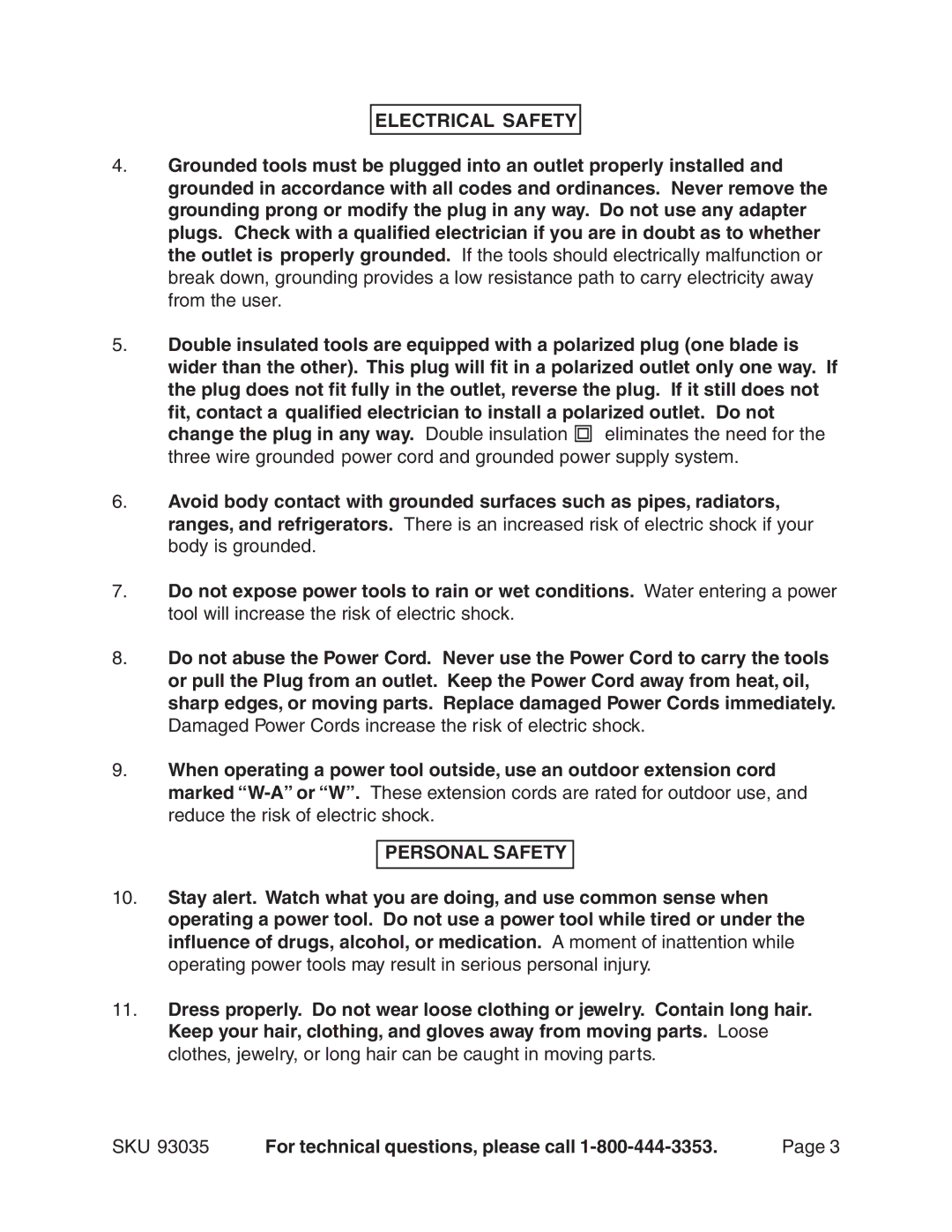 Chicago Electric 93035 manual Electrical Safety, Personal Safety 