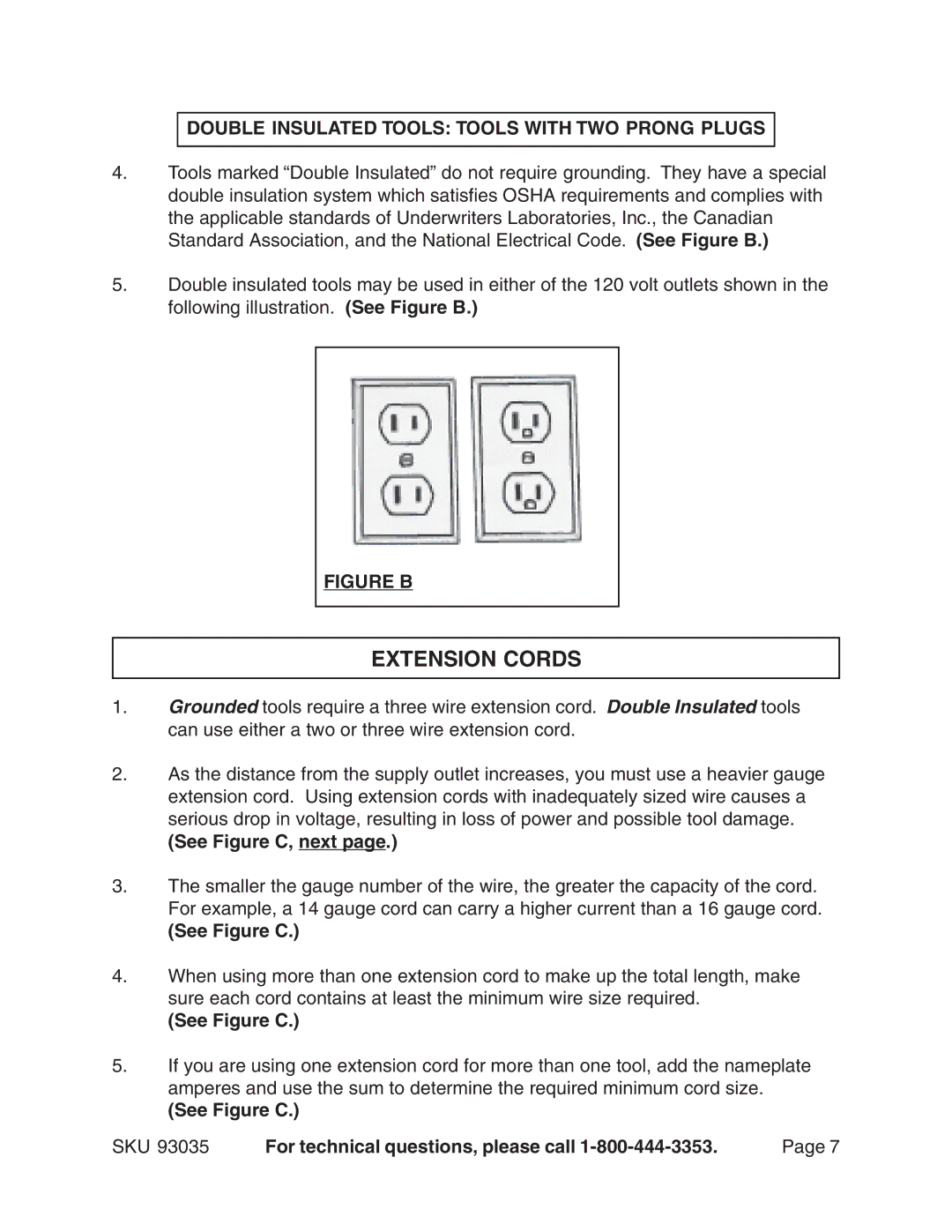 Chicago Electric 93035 manual Extension Cords, Double Insulated Tools Tools with TWO Prong Plugs 