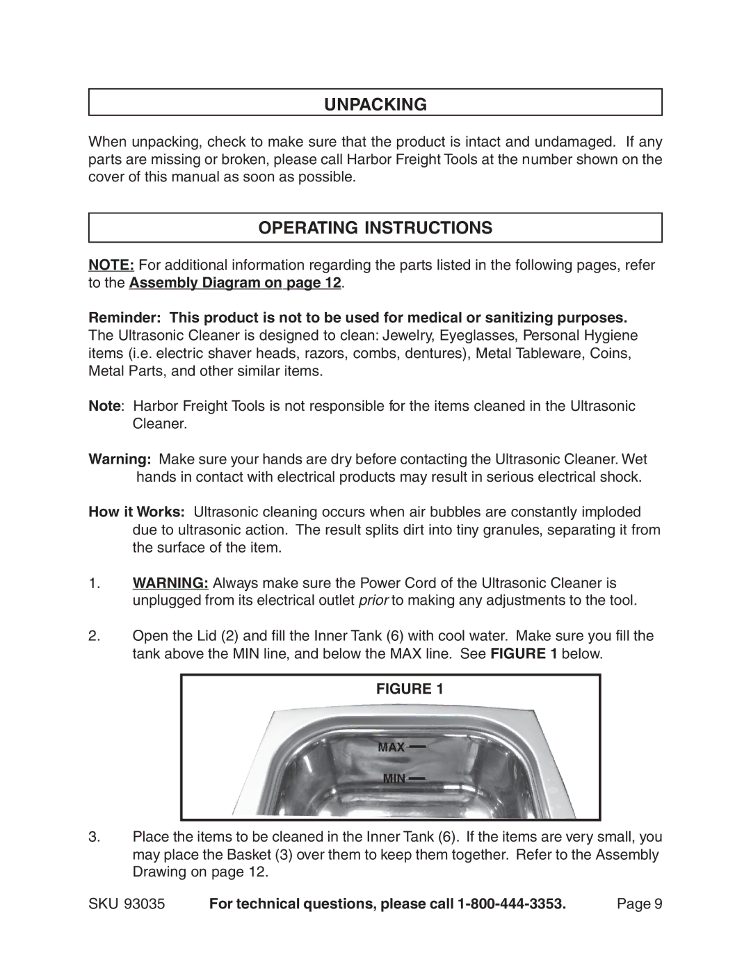 Chicago Electric 93035 manual Unpacking, Operating Instructions 