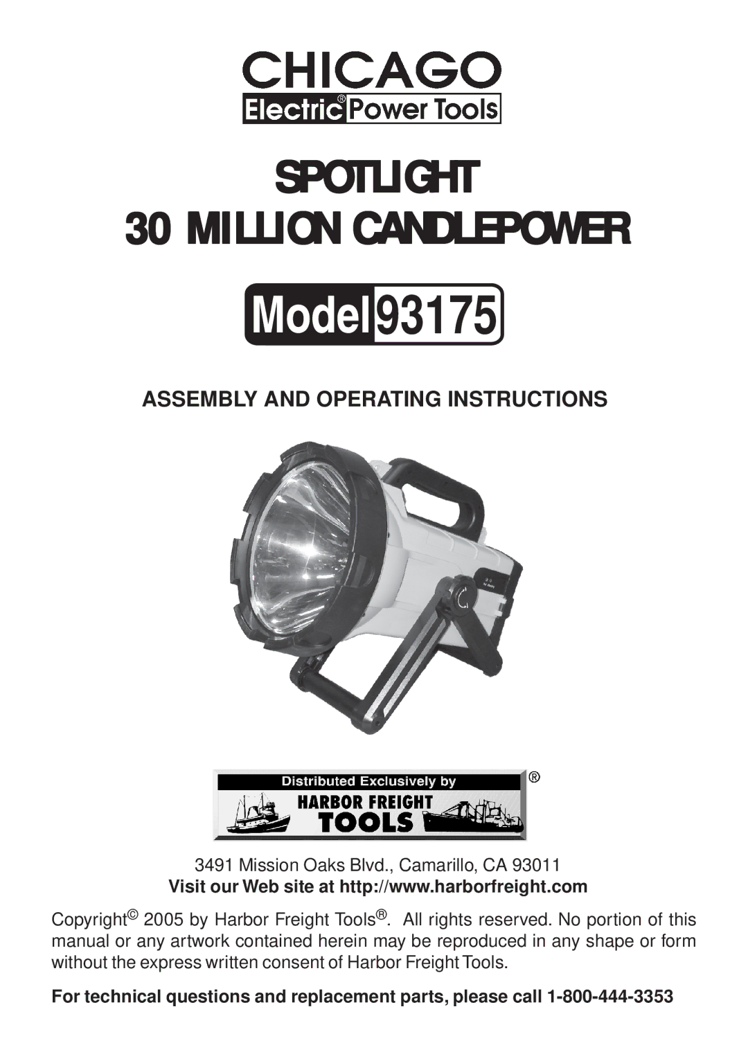 Chicago Electric 93175 operating instructions For technical questions and replacement parts, please call 