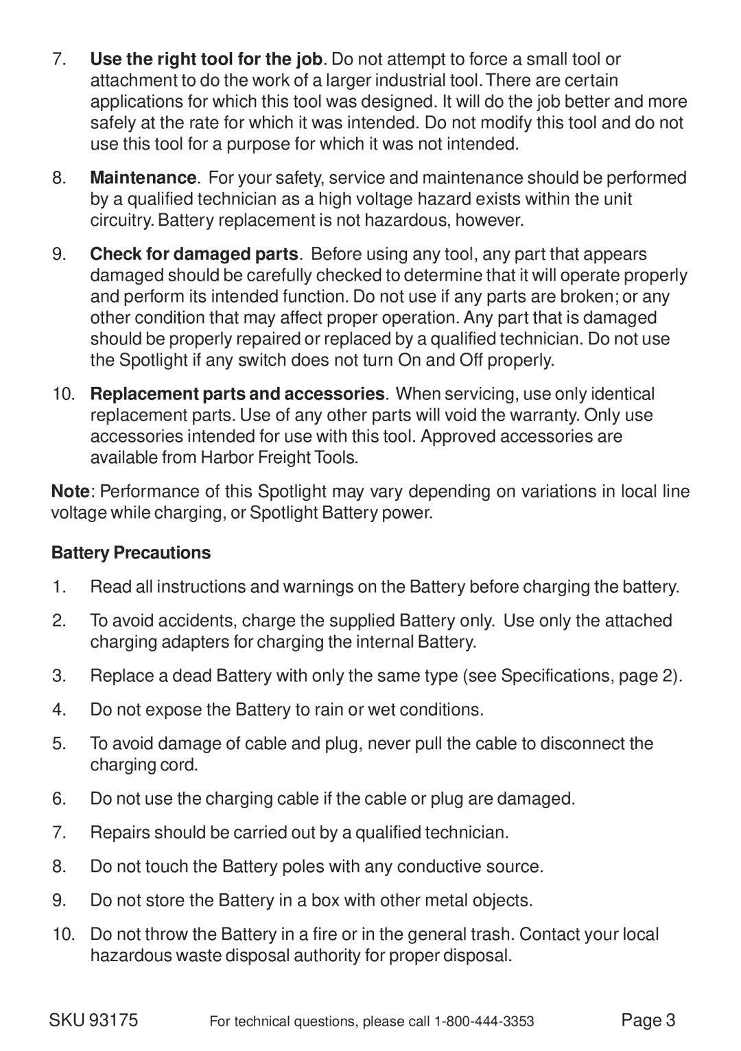 Chicago Electric 93175 operating instructions For technical questions, please call 