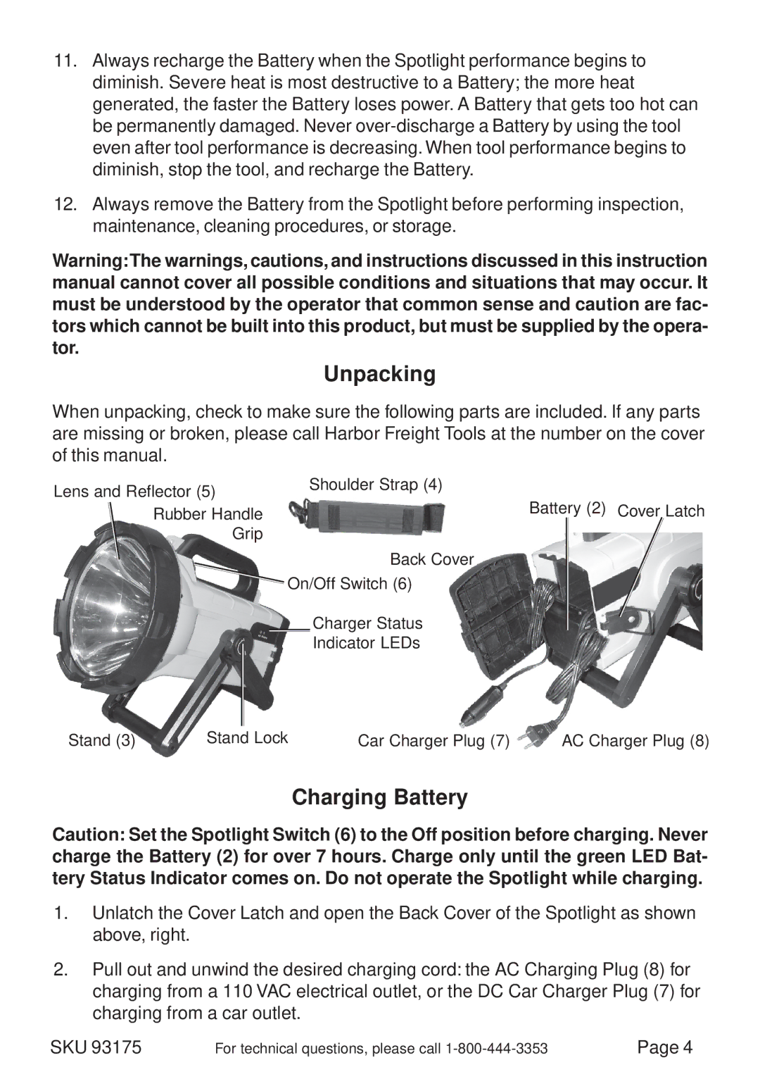 Chicago Electric 93175 operating instructions Unpacking, Charging Battery 