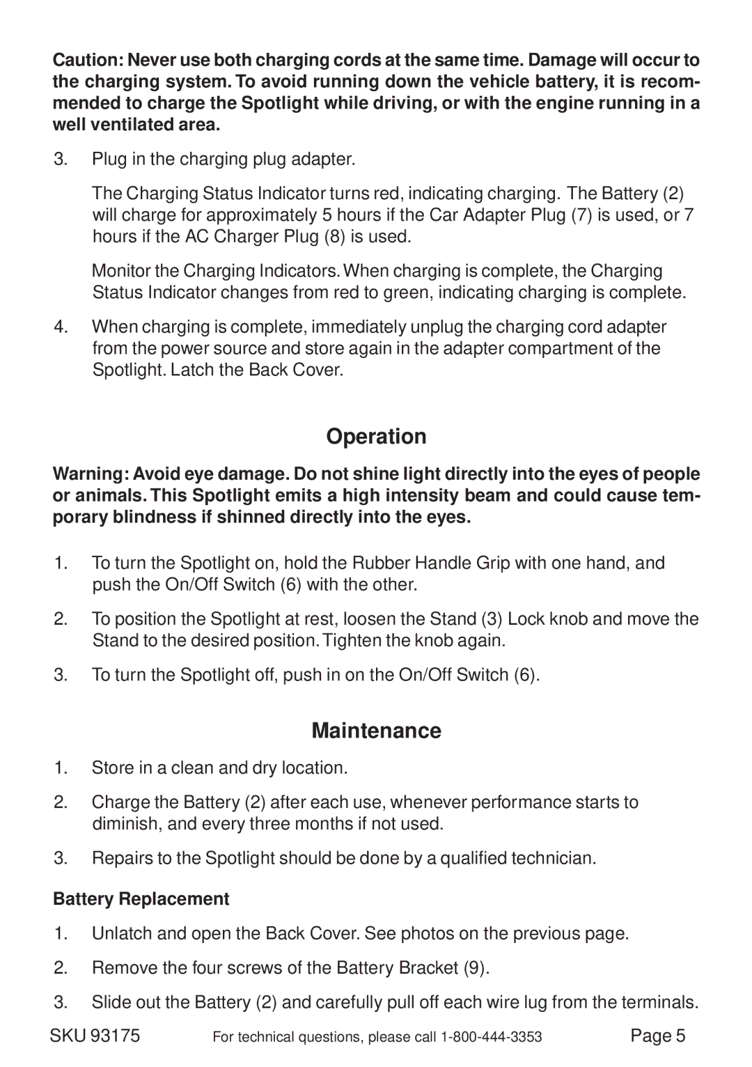 Chicago Electric 93175 operating instructions Operation, Maintenance, Battery Replacement 