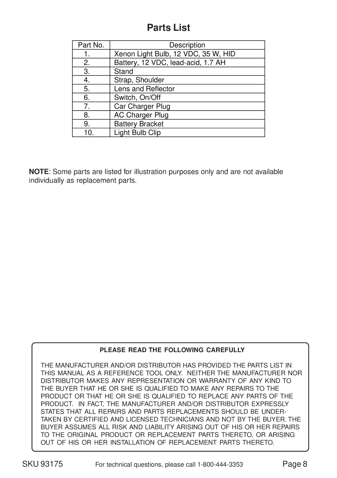 Chicago Electric 93175 operating instructions Parts List, Please Read the Following Carefully 