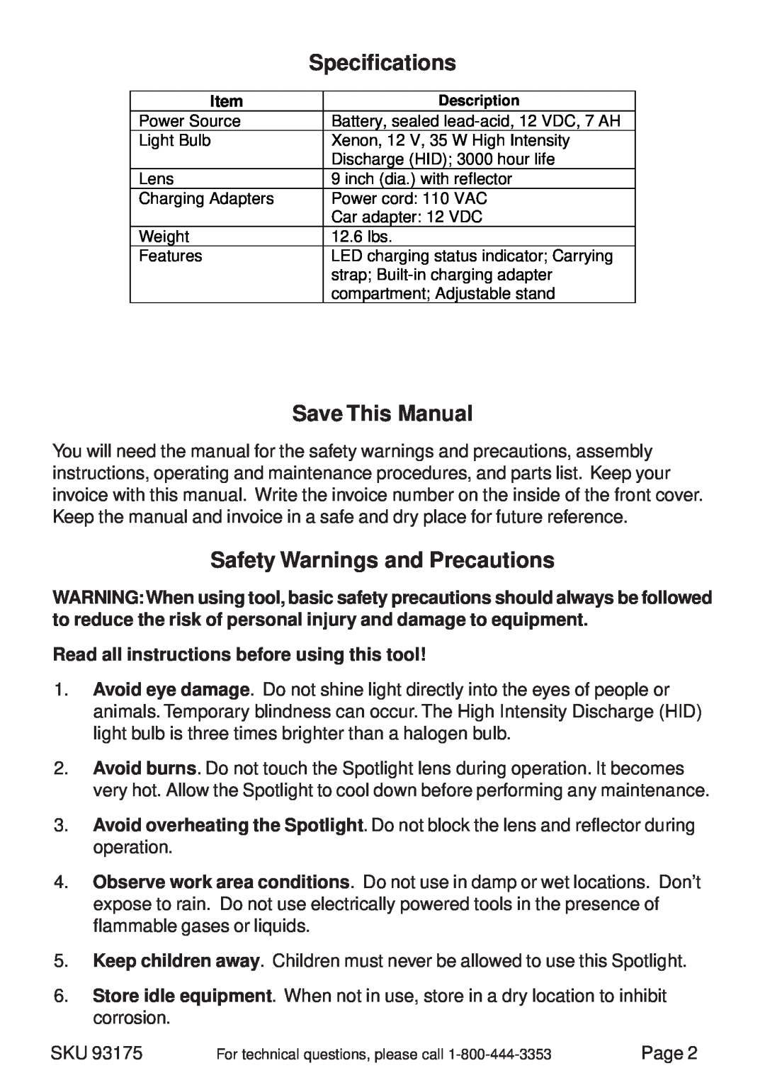 Chicago Electric 93175 operating instructions Specifications, Save This Manual, Safety Warnings and Precautions 