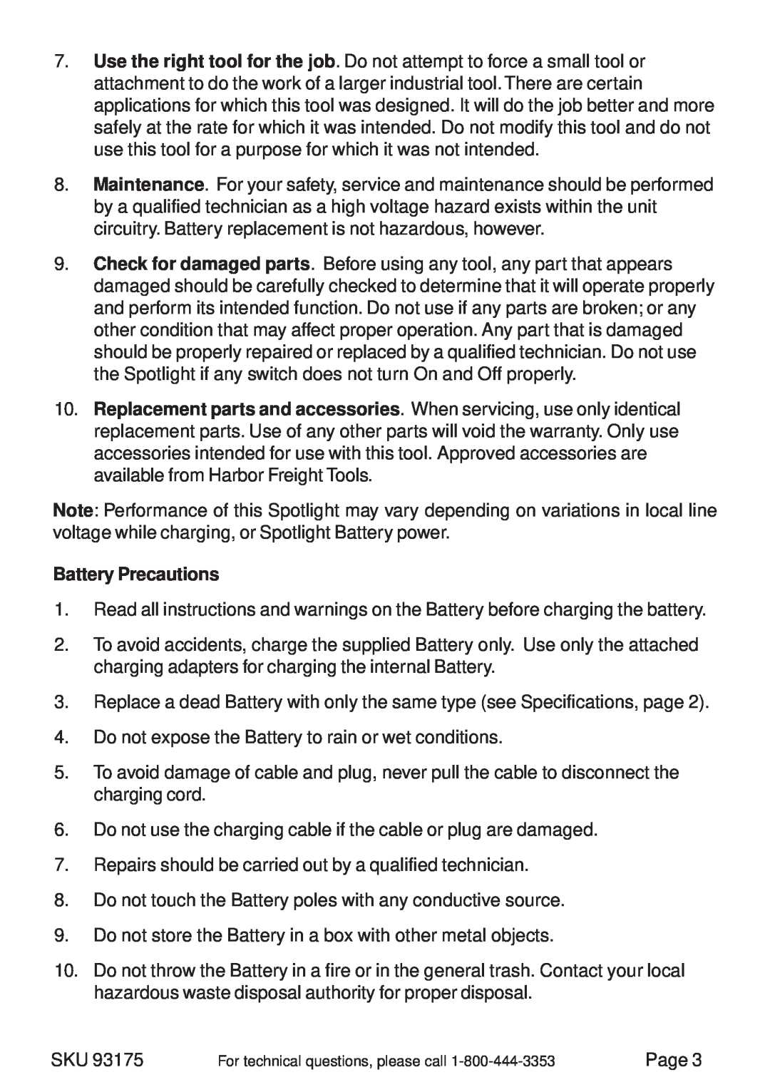 Chicago Electric 93175 operating instructions Battery Precautions 