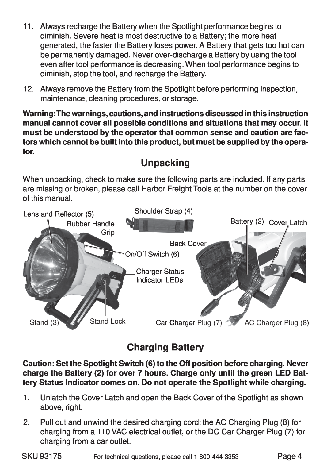 Chicago Electric 93175 operating instructions Unpacking, Charging Battery 