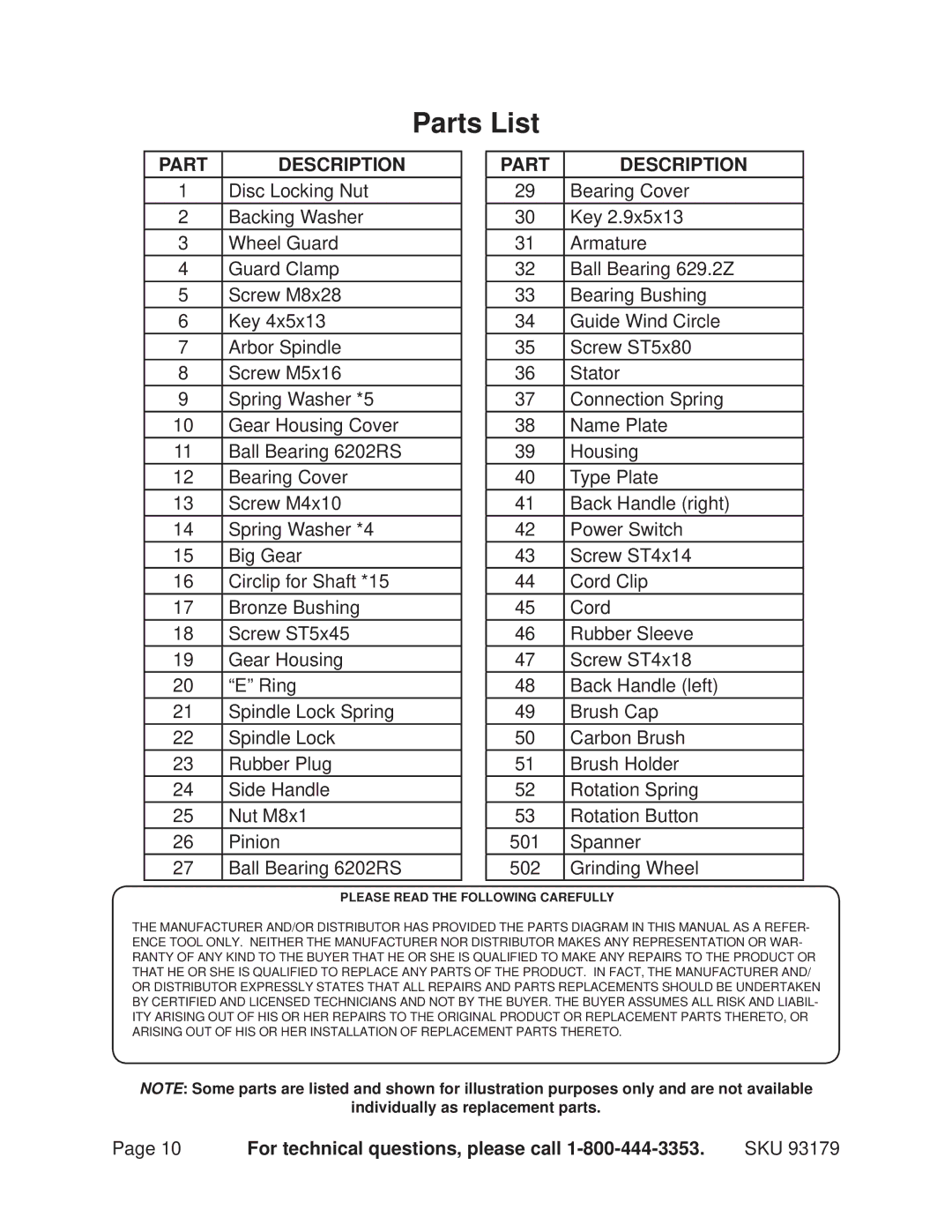 Chicago Electric 93179 operating instructions Parts List, Part Description 