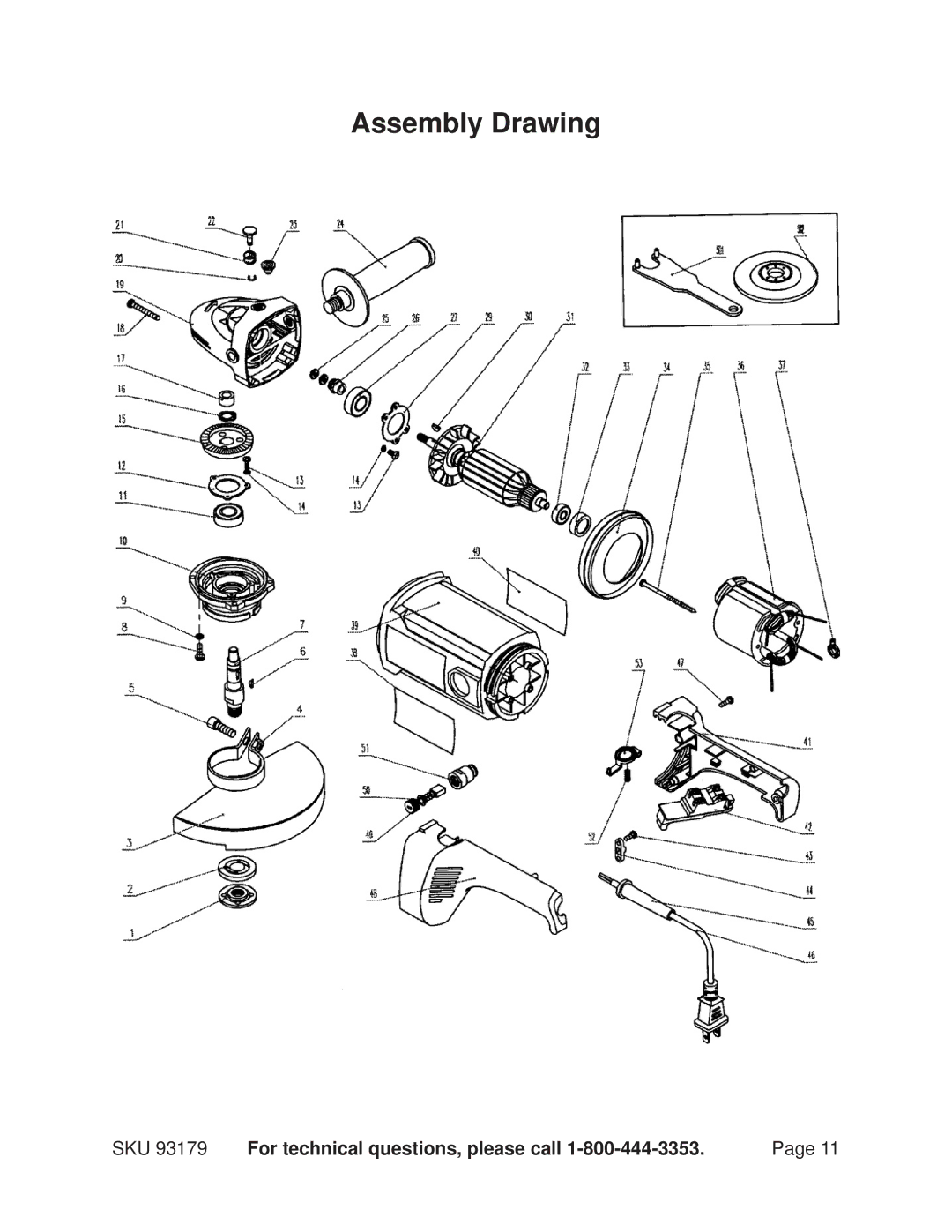 Chicago Electric 93179 operating instructions Assembly Drawing, SKU For technical questions, please call 