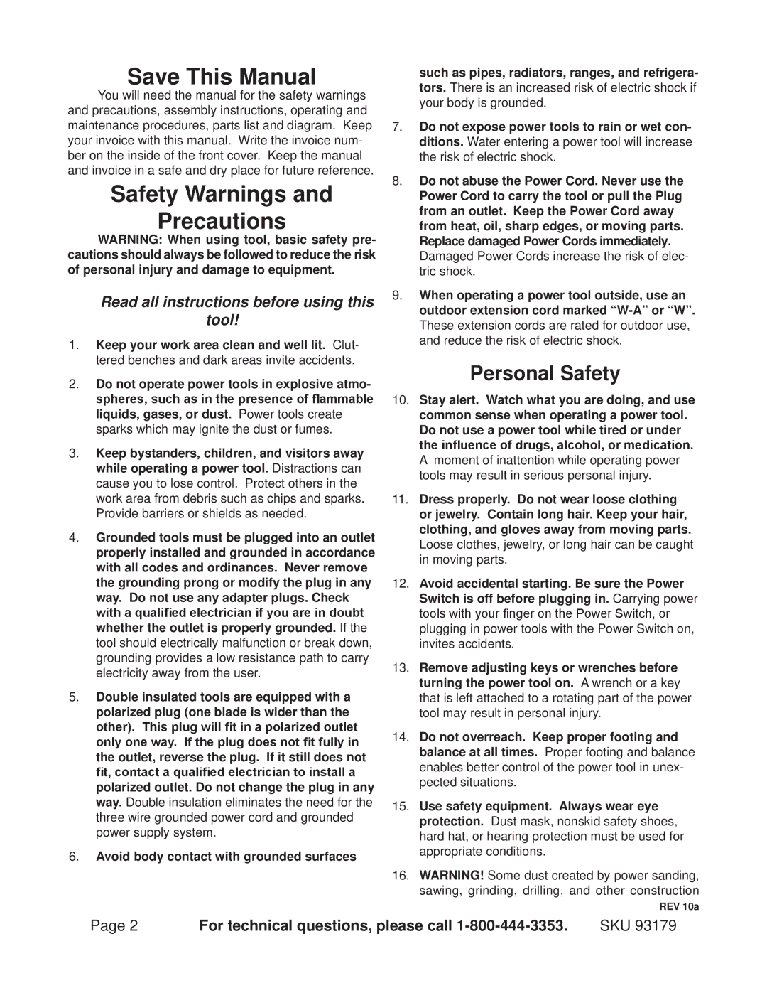 Chicago Electric 93179 operating instructions Save This Manual, Safety Warnings Precautions, Personal Safety 