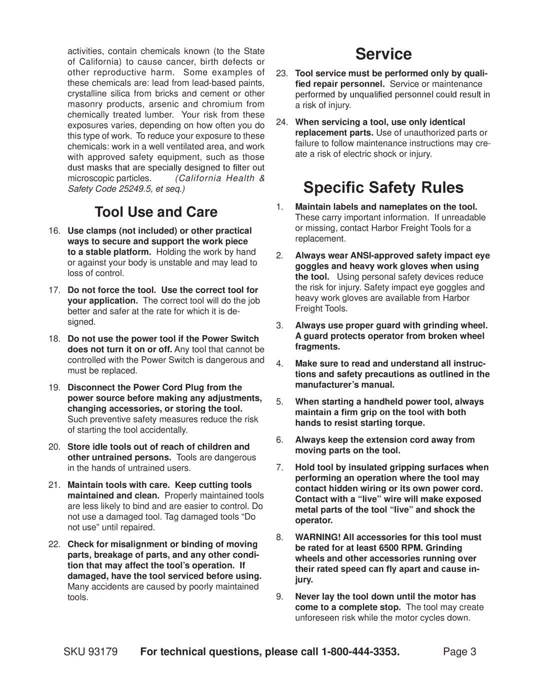 Chicago Electric 93179 operating instructions Service, Specific Safety Rules, Tool Use and Care 