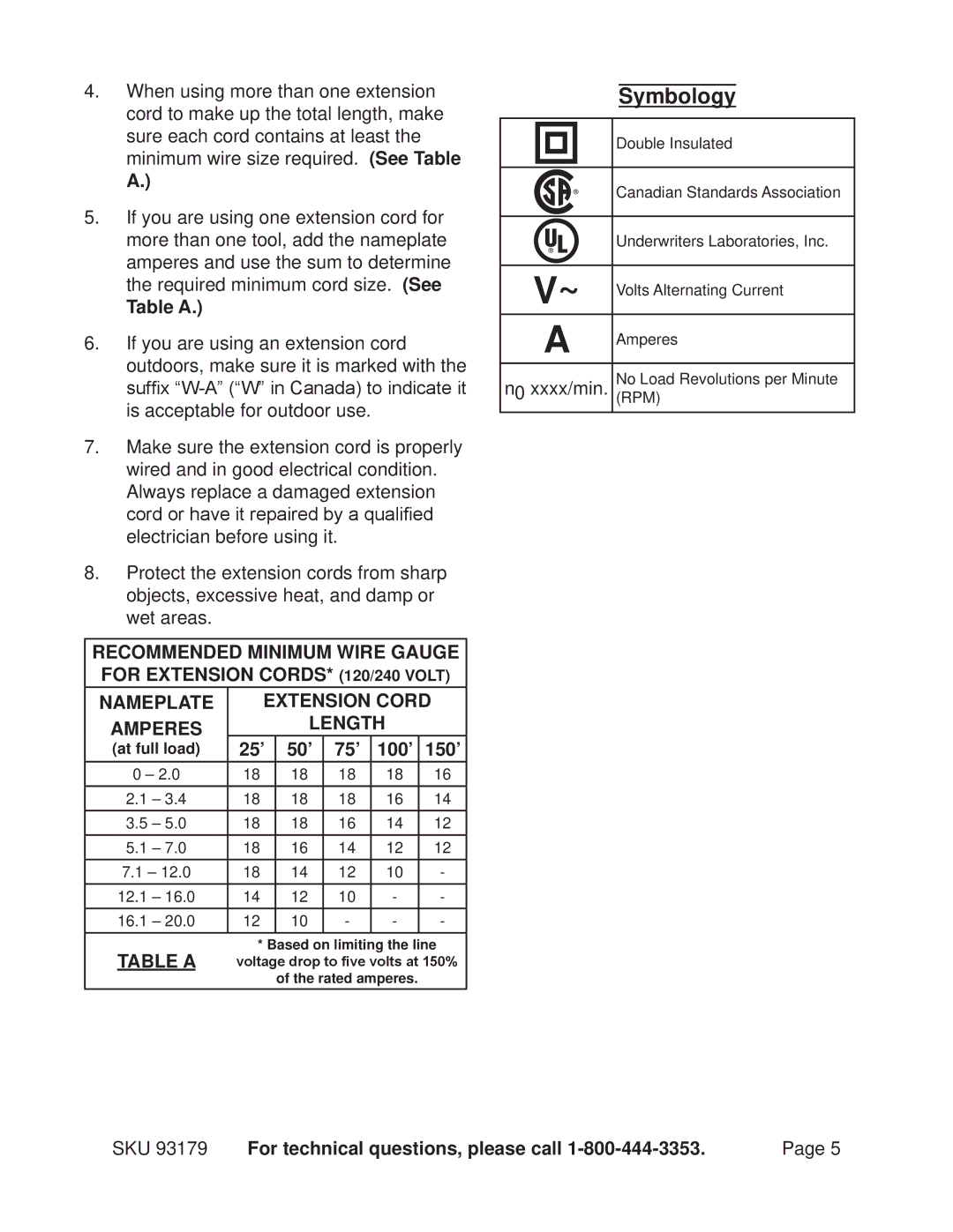 Chicago Electric 93179 operating instructions Table a, 25’ 50’ 75’ 100’ 150’ 