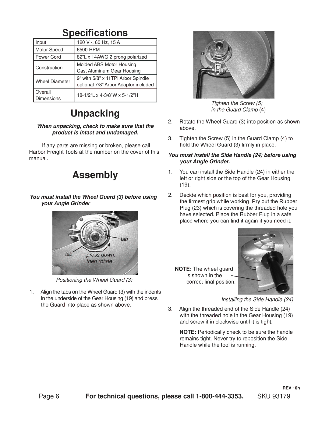 Chicago Electric 93179 operating instructions Specifications, Unpacking, Assembly 