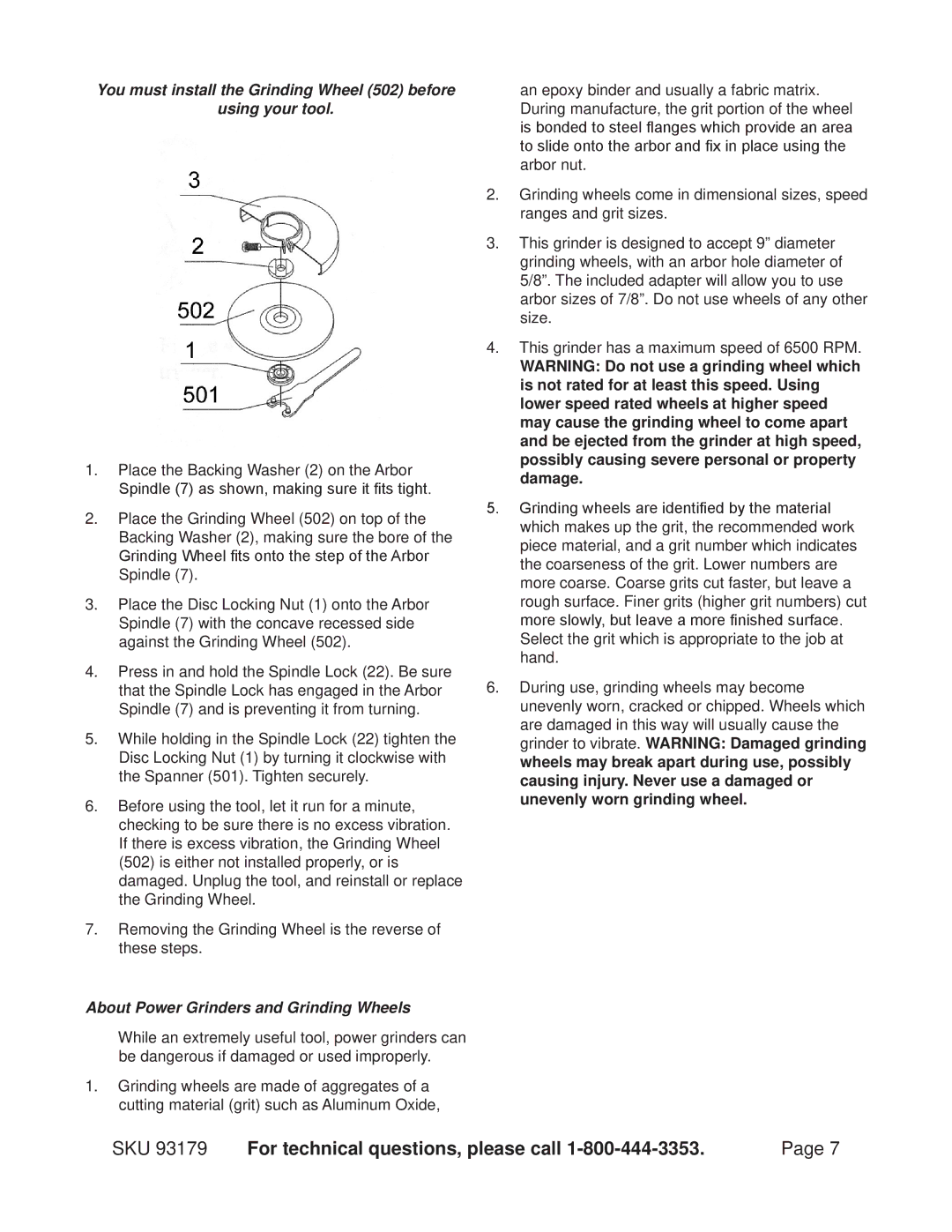 Chicago Electric 93179 operating instructions About Power Grinders and Grinding Wheels 