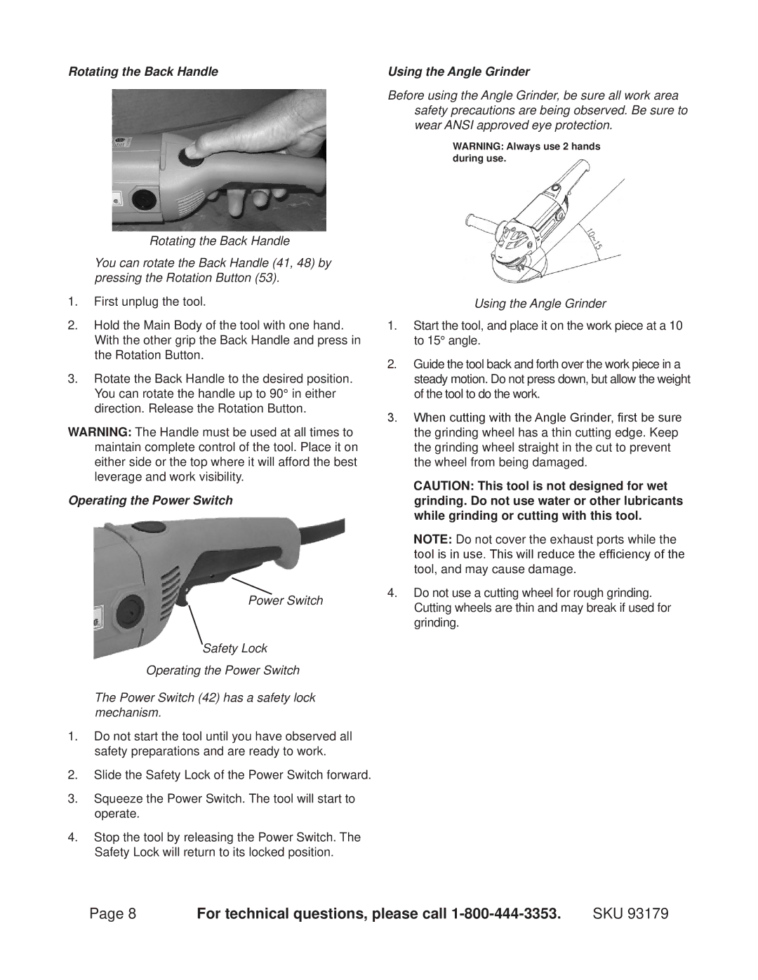 Chicago Electric 93179 operating instructions Rotating the Back Handle Using the Angle Grinder 