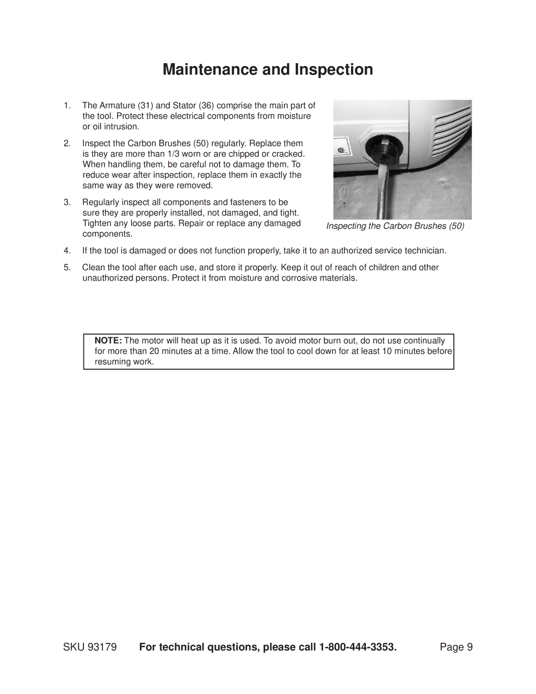 Chicago Electric 93179 operating instructions Maintenance and Inspection, Inspecting the Carbon Brushes 