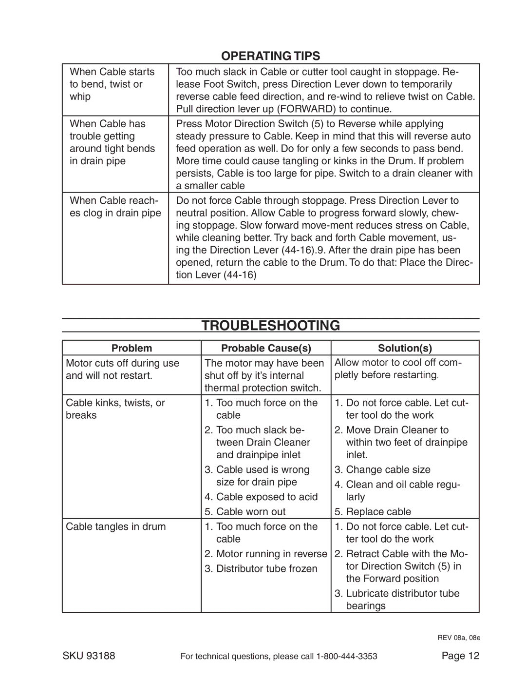 Chicago Electric 93188 manual Troubleshooting, Problem Probable Causes Solutions 