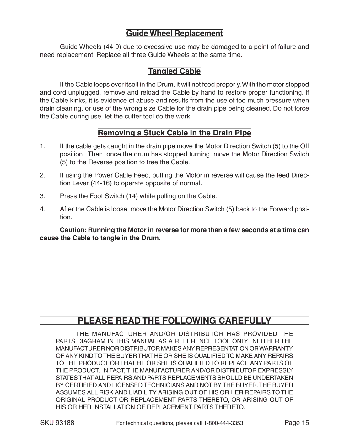 Chicago Electric 93188 manual Guide Wheel Replacement, Tangled Cable, Removing a Stuck Cable in the Drain Pipe 
