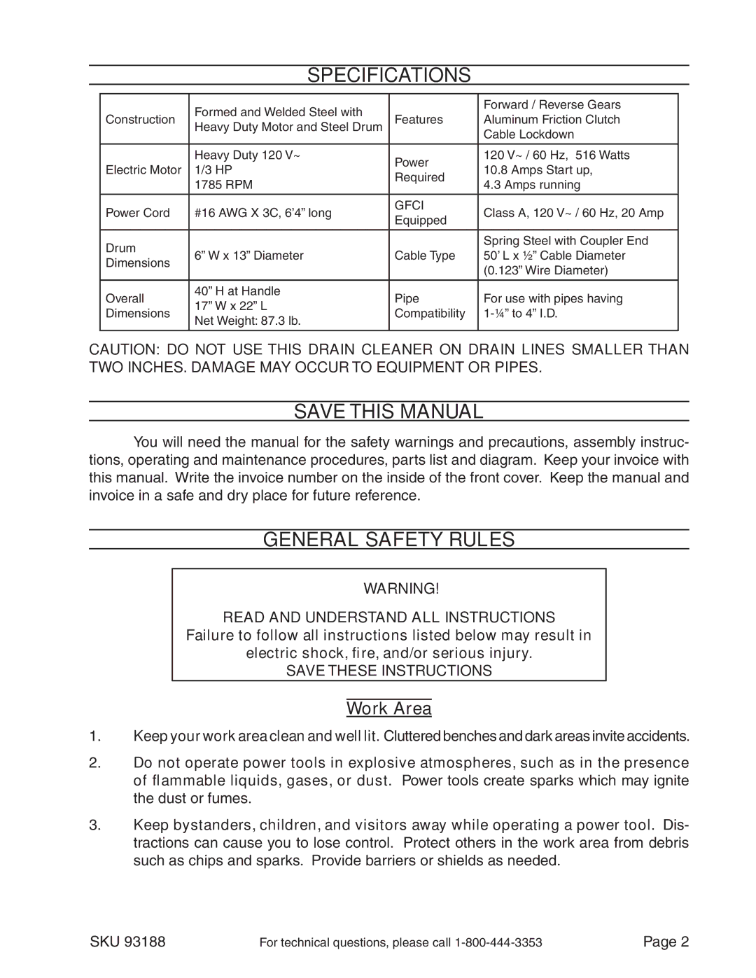 Chicago Electric 93188 manual Specifications, Save This Manual, General Safety Rules, Work Area 