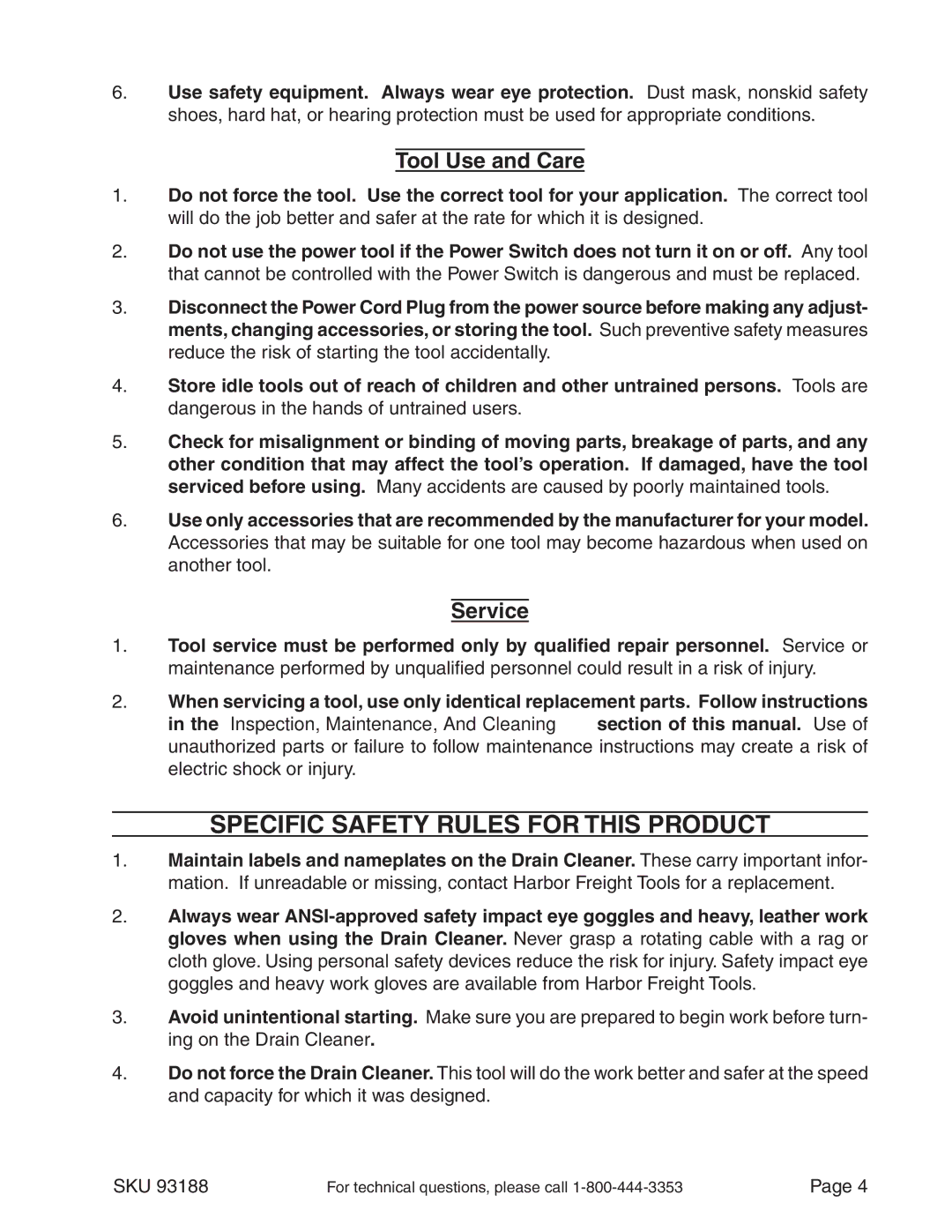 Chicago Electric 93188 manual Specific Safety Rules for This Product, Tool Use and Care, Service 