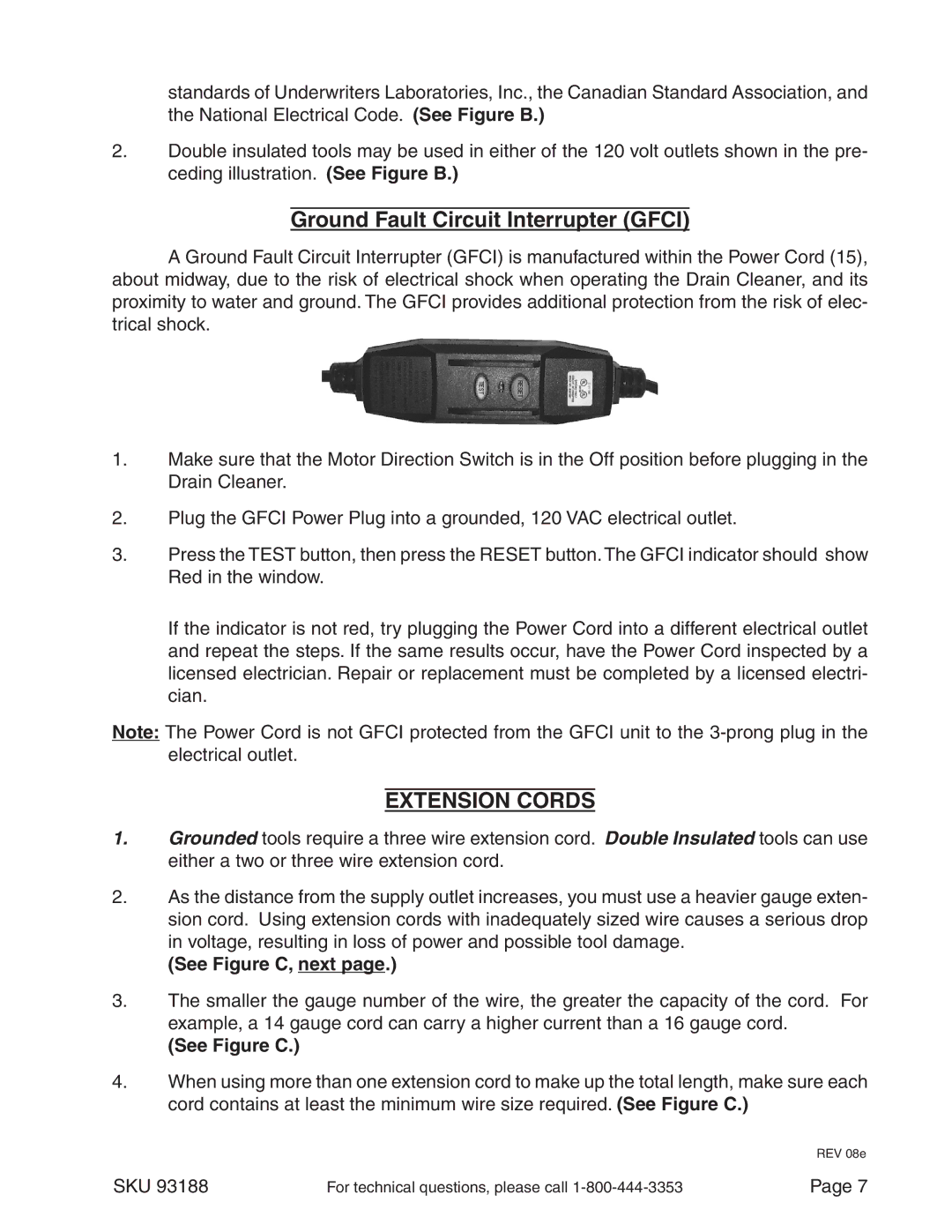 Chicago Electric 93188 manual Ground Fault Circuit Interrupter Gfci, Extension Cords, See Figure C, next 