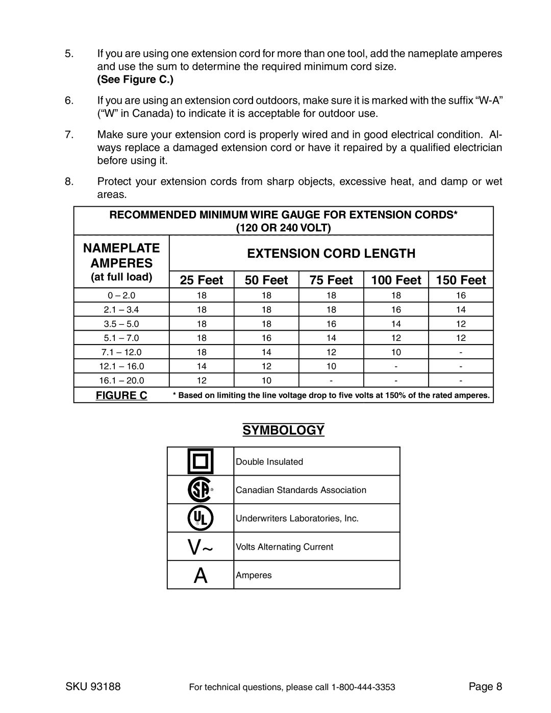 Chicago Electric 93188 manual Feet, Symbology, 120 or 240 Volt, At full load 