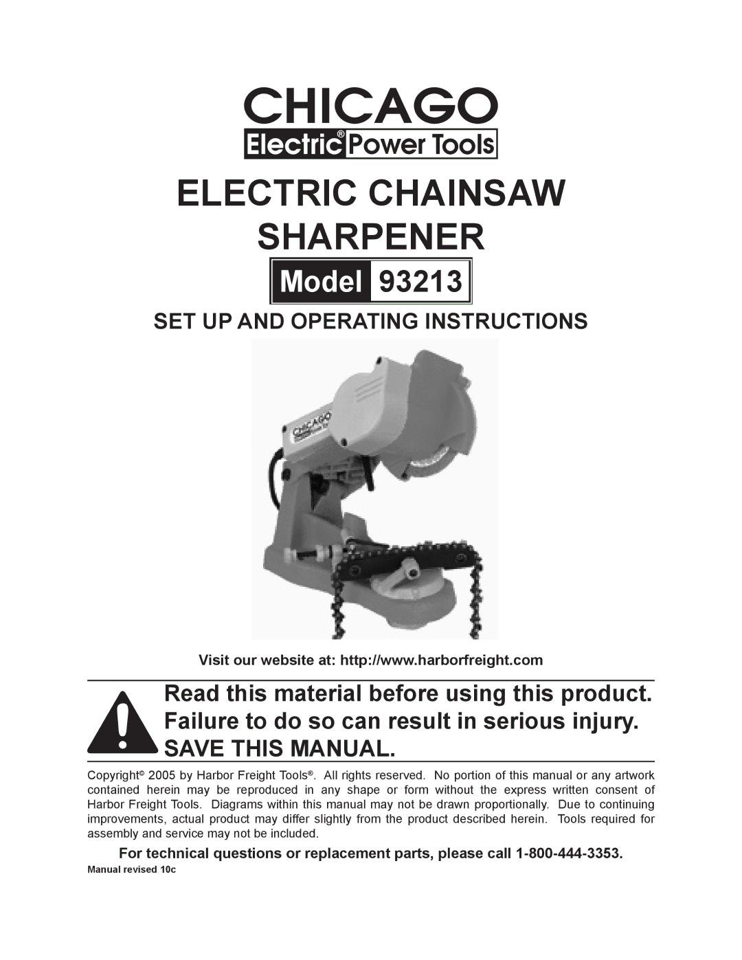 Chicago Electric 93213 manual Electric Chainsaw Sharpener, For technical questions or replacement parts, please call 