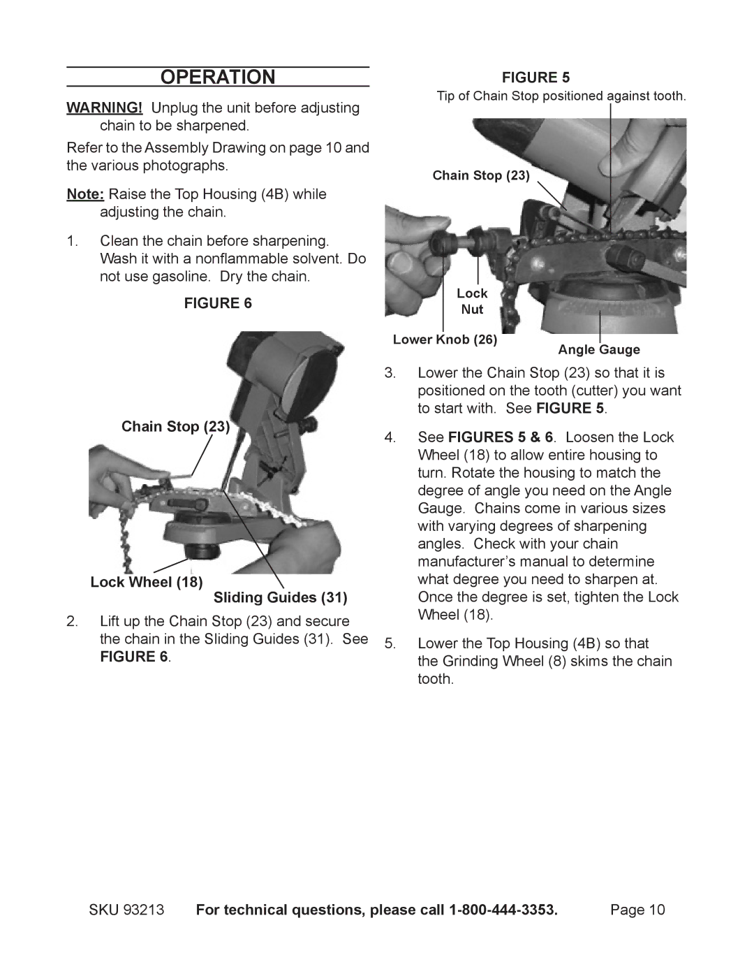 Chicago Electric 93213 manual Operation, Chain Stop Lock Wheel 