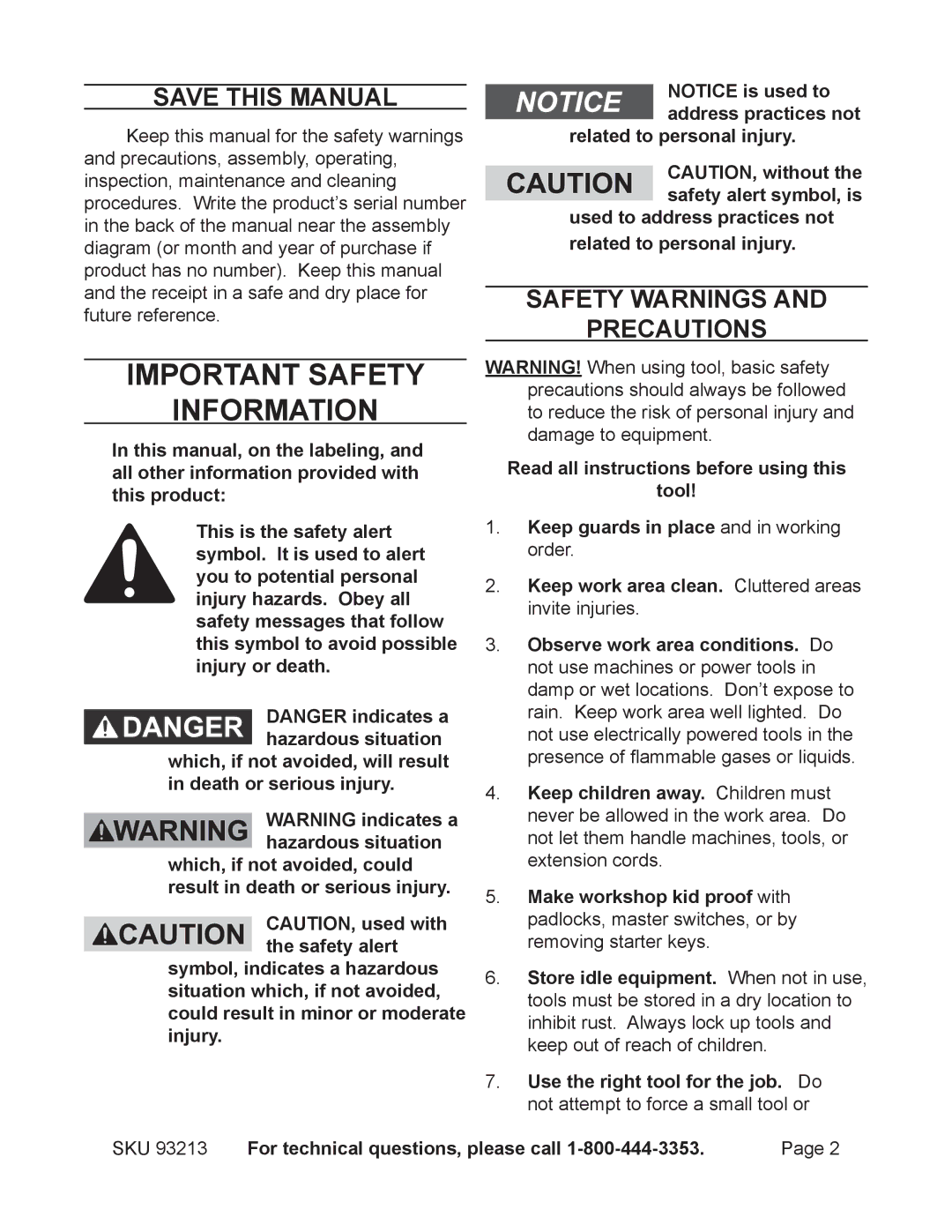 Chicago Electric 93213 manual Save This Manual, Safety Warnings Precautions, For technical questions, please call 