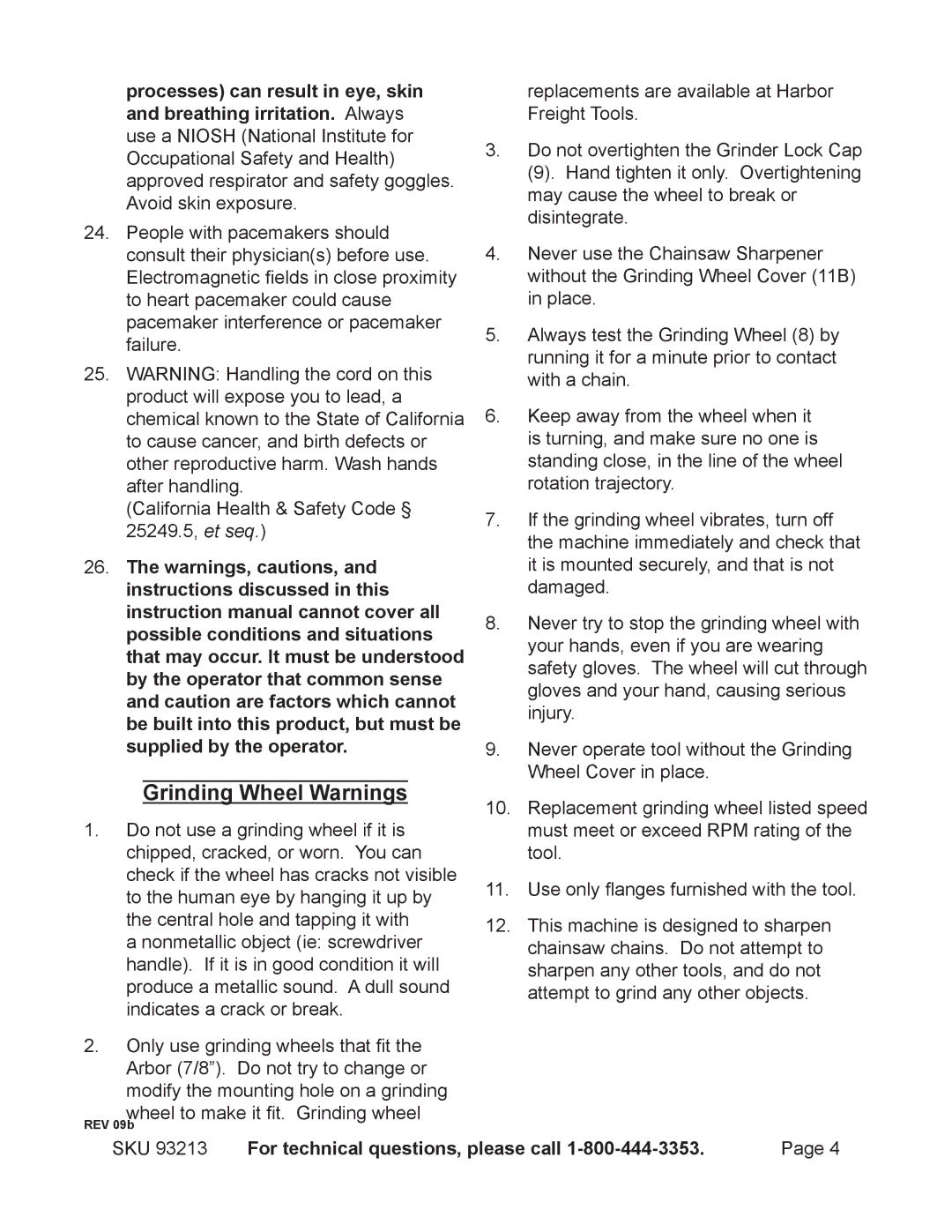 Chicago Electric 93213 manual Grinding Wheel Warnings 