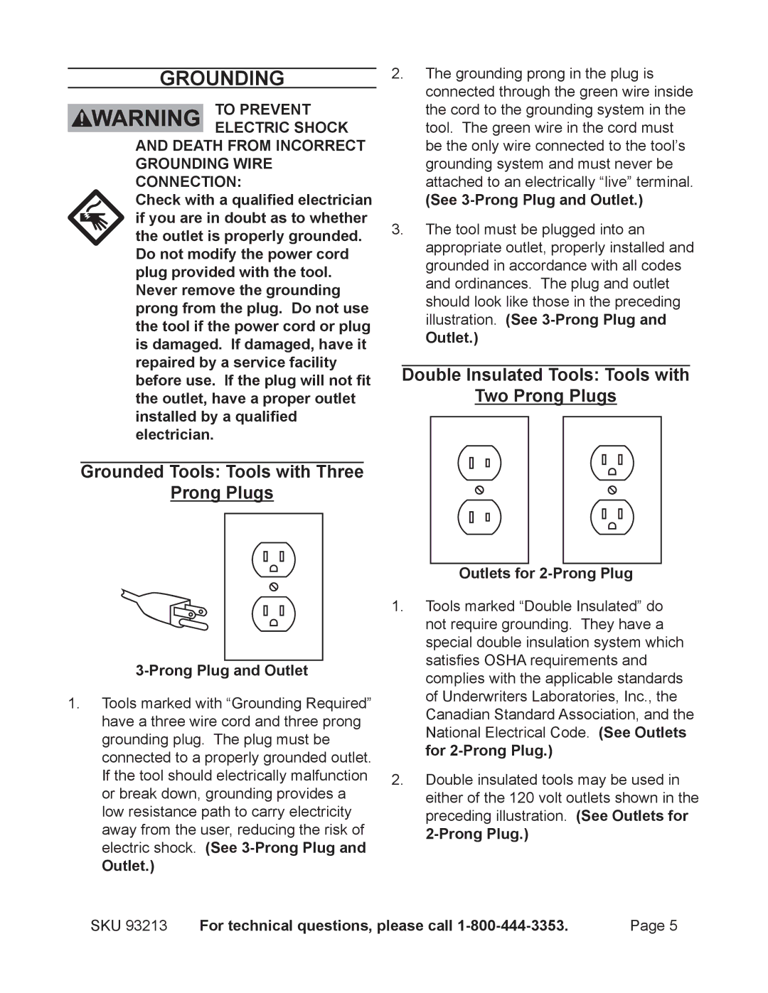 Chicago Electric 93213 manual Grounding, See 3-Prong Plug and Outlet, Outlet Outlets for 2-Prong Plug 