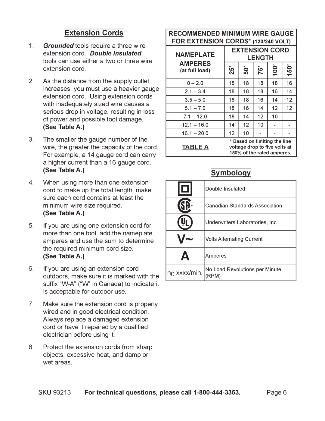 Chicago Electric 93213 manual Extension Cords, Symbology, See Table a, 25’ 50’ 75’ 