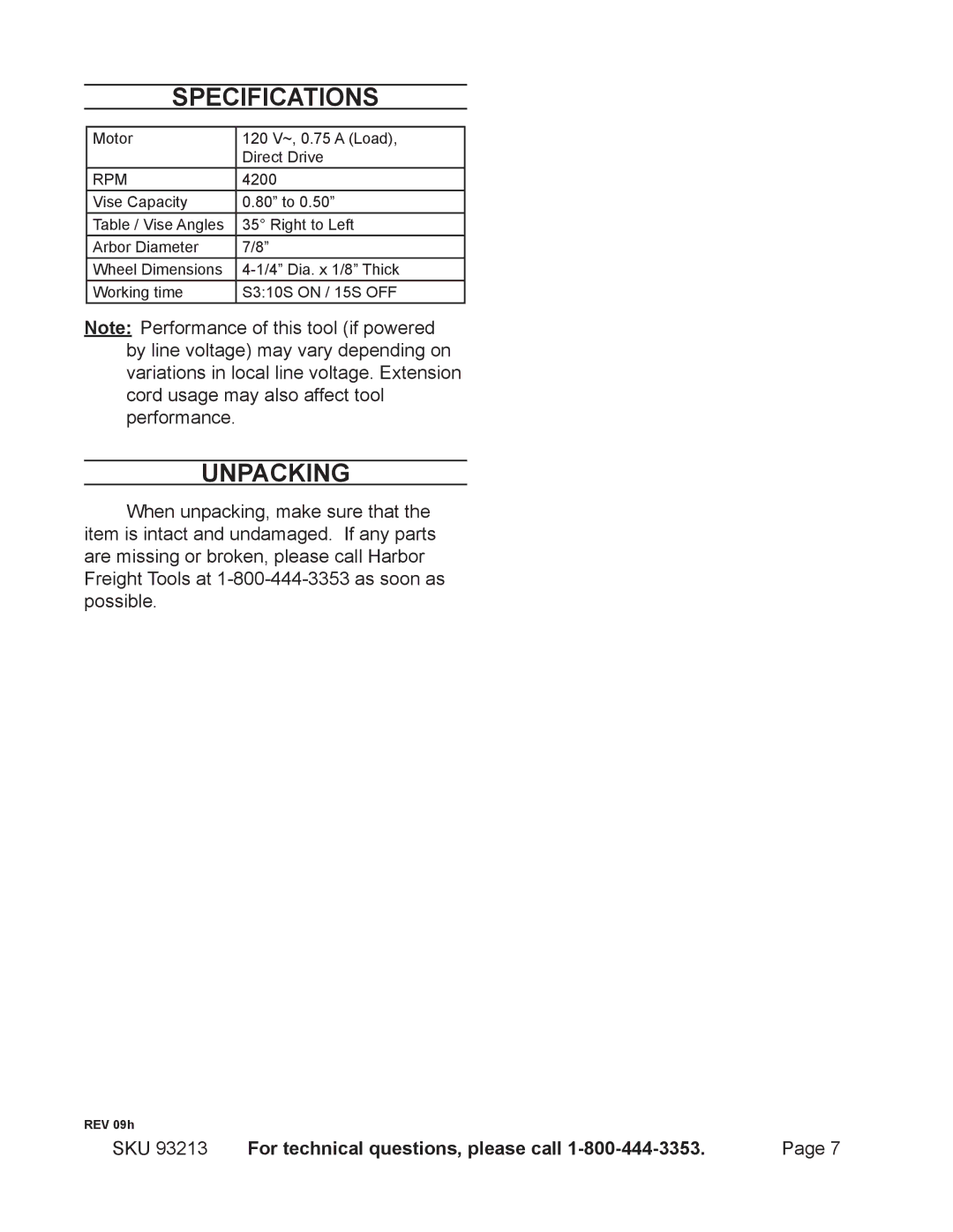 Chicago Electric 93213 manual Specifications, Unpacking 