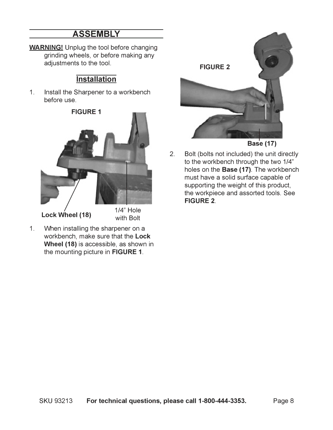 Chicago Electric 93213 manual Assembly, Installation, Lock Wheel, Base 