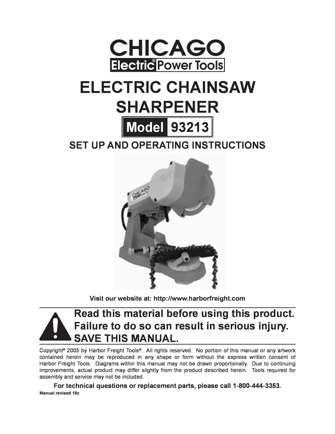 Chicago Electric 93213 manual Electric Chainsaw Sharpener, Model, Set up and Operating Instructions 
