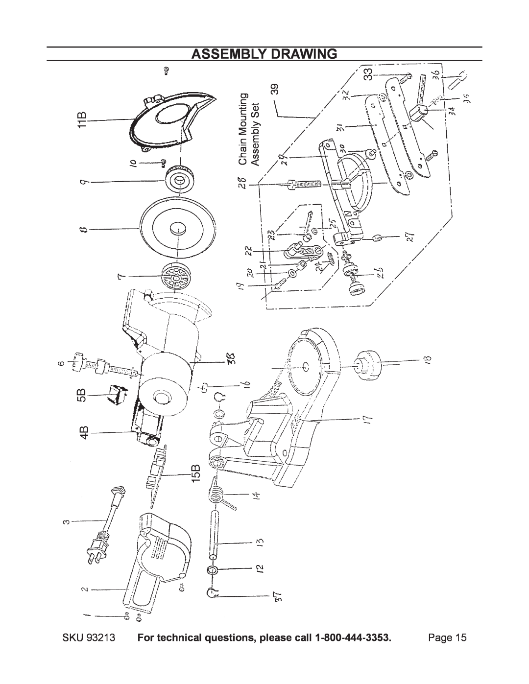 Chicago Electric 93213 manual Assembly Drawing, For technical questions, please call 