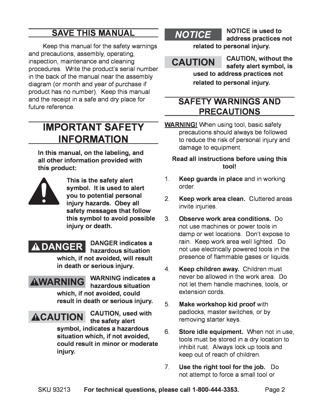 Chicago Electric 93213 manual Important SAFETY Information, Save This Manual, Safety Warnings and Precautions 