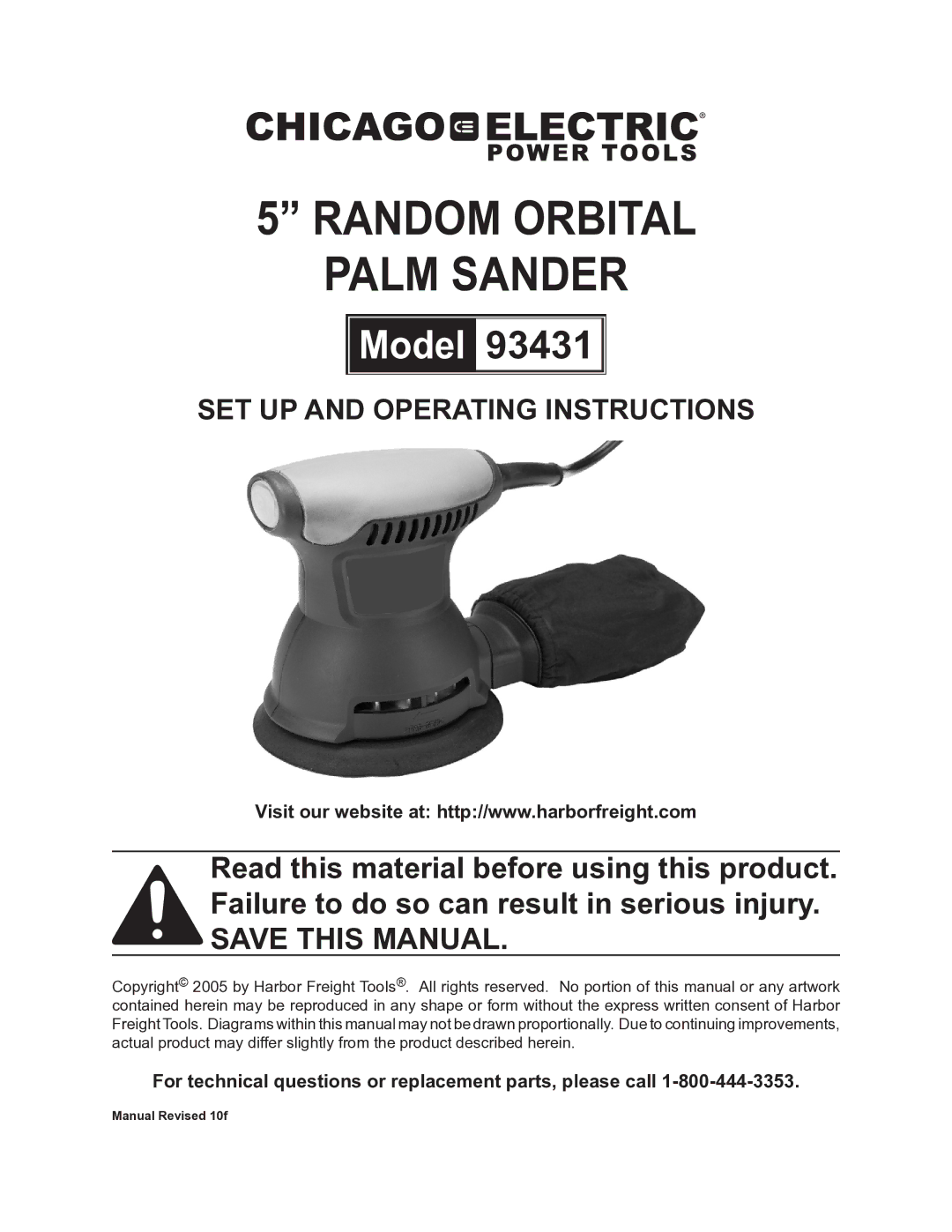 Chicago Electric 93431 operating instructions Random Orbital Palm Sander 