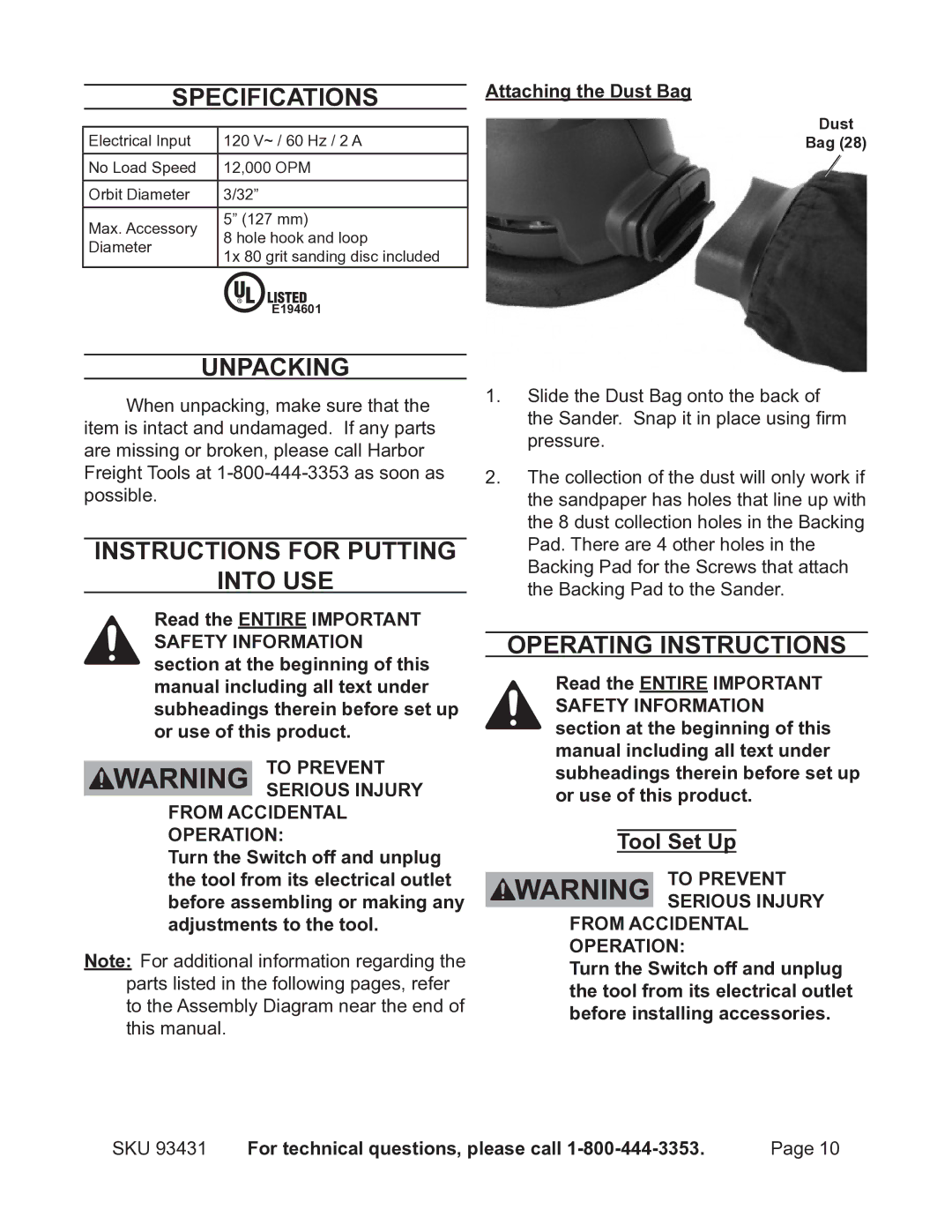 Chicago Electric 93431 Specifications, Unpacking, Instructions for putting Into use, Operating Instructions, Tool Set Up 