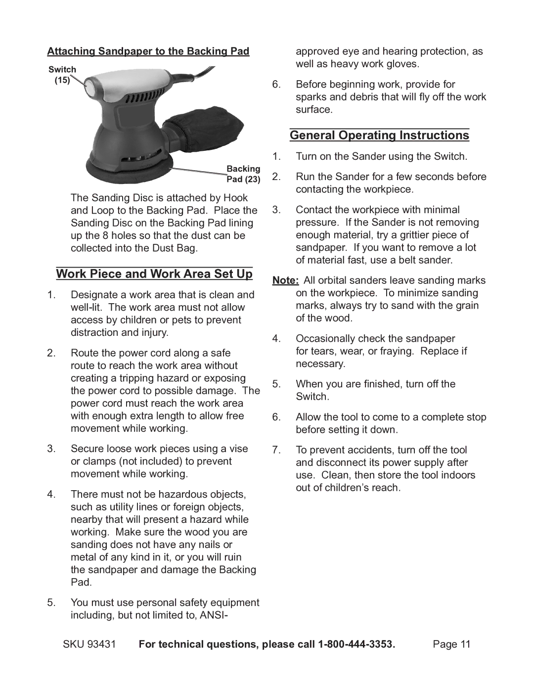 Chicago Electric 93431 operating instructions General Operating Instructions, Work Piece and Work Area Set Up 