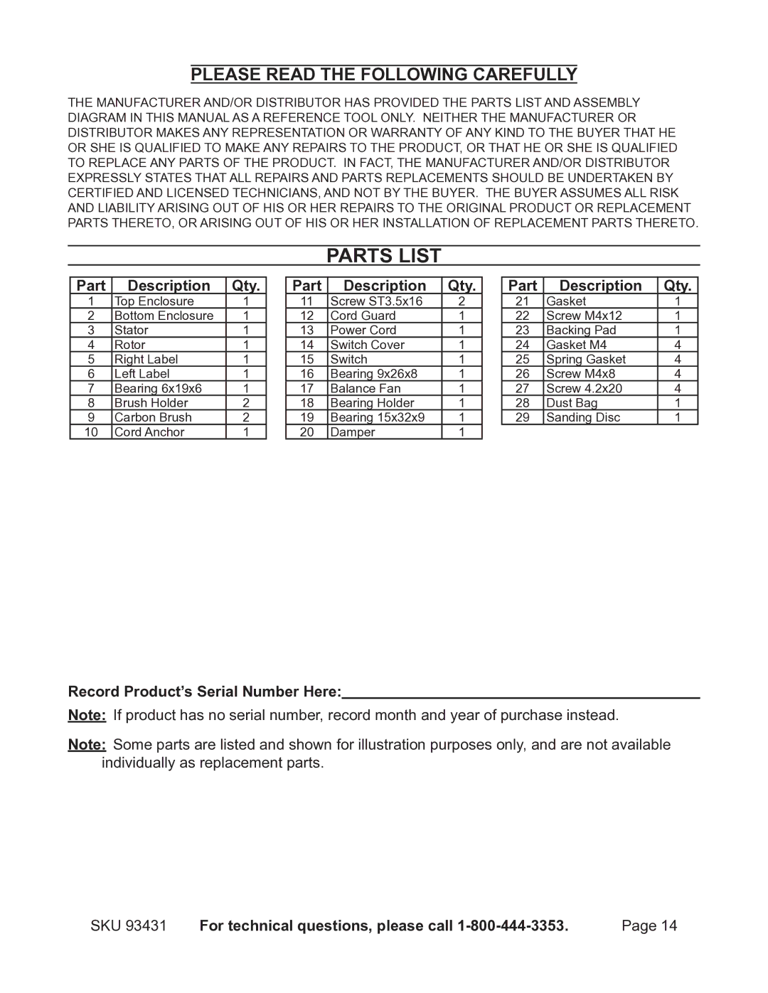 Chicago Electric 93431 operating instructions Parts List, Part Description Qty, Record Product’s Serial Number Here 