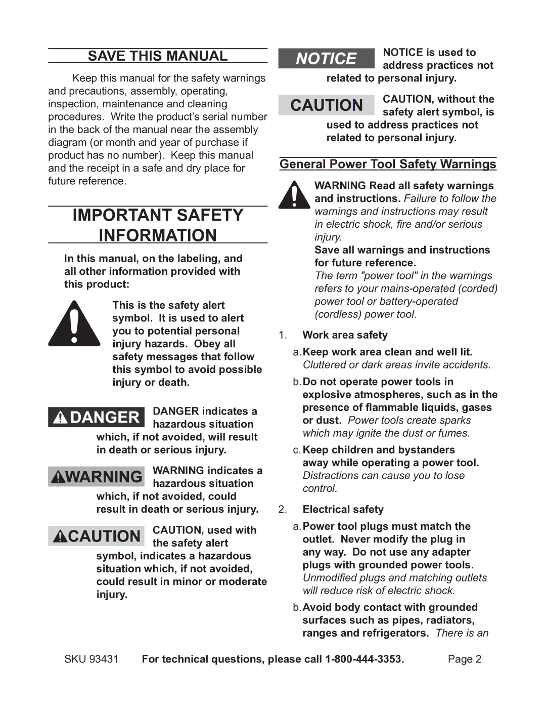 Chicago Electric 93431 Save This Manual, General Power Tool Safety Warnings, For technical questions, please call 