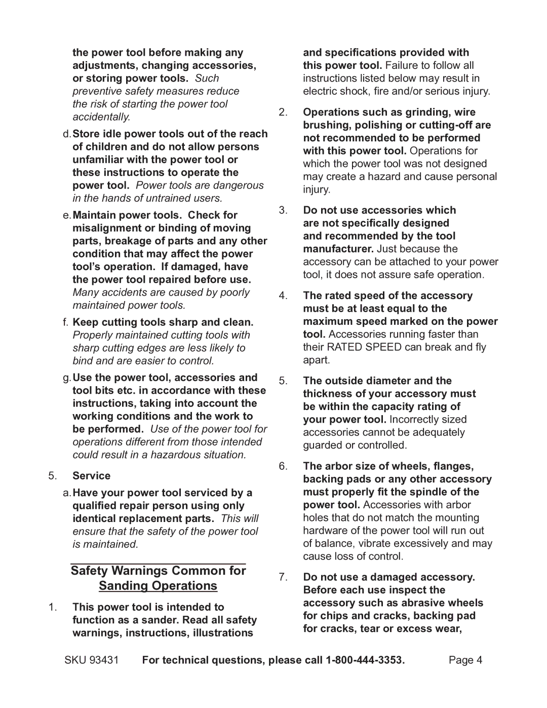 Chicago Electric 93431 operating instructions Safety Warnings Common for Sanding Operations 