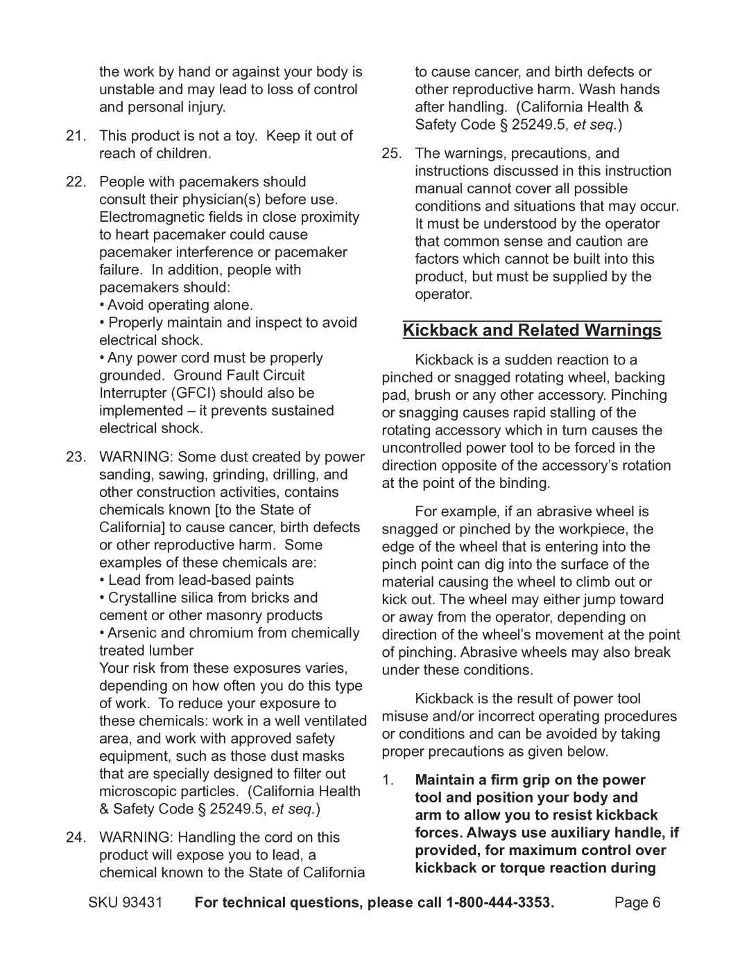 Chicago Electric 93431 operating instructions Kickback and Related Warnings 