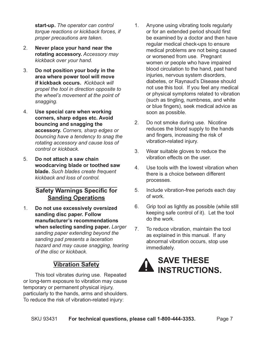 Chicago Electric 93431 operating instructions Safety Warnings Specific for Sanding Operations, Vibration Safety 