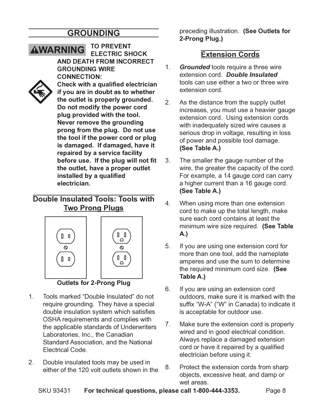 Chicago Electric 93431 operating instructions Grounding, Double Insulated Tools Tools with Two Prong Plugs, Extension Cords 